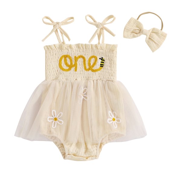 Okbabeha Newborn Baby Girl Ruffle Romper Dress Flower Embroidery Tulle Headband Cute Outfit