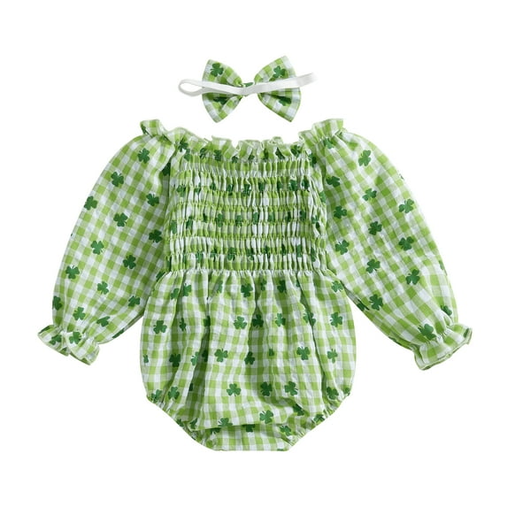 Okbabeha Newborn Baby Girl St Patricks Day Outfit Ruffled Irish Clover Long Sleeve Bubble Romper Smocked Bodysuit Jumpsuit Spring Holiday Clothes Headband