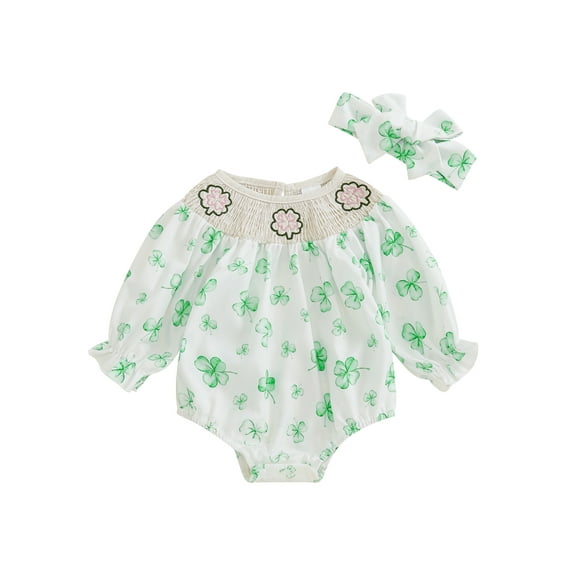 Okbabeha Newborn Baby Girl St Patricks Day Outfit Ruffled Irish Clover Long Sleeve Bubble Romper Smocked Bodysuit Jumpsuit Spring Holiday Clothes Headband