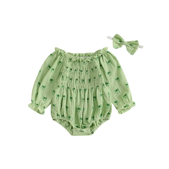 Okbabeha Newborn Baby Girl St Patricks Day Outfit Ruffled Irish Clover Long Sleeve Bubble Romper Smocked Bodysuit Jumpsuit Spring Holiday Clothes Headband