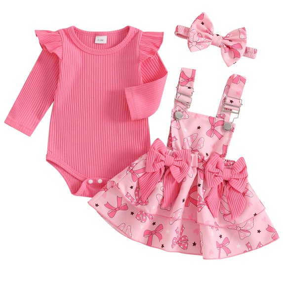 Okbabeha Newborn Baby Girl Valentine’s Day Outfit Ruffled Long Sleeve Romper Suspender Skirt Headband