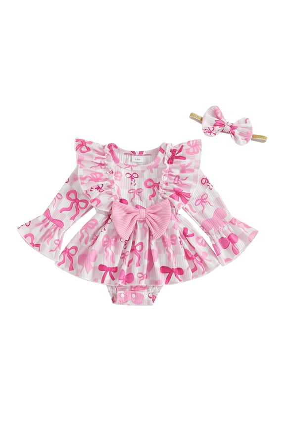 Newborn Baby Girl Valentine's Day Outfits Heart  one-piece  Romper Dress Long Sleeve Bodysuit Headband Set Clothes