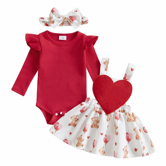 Okbabeha Newborn Baby Girl Valentine's Day Outfits Long Sleeve Romper Suspender Skirt Headband Set 3Pcs