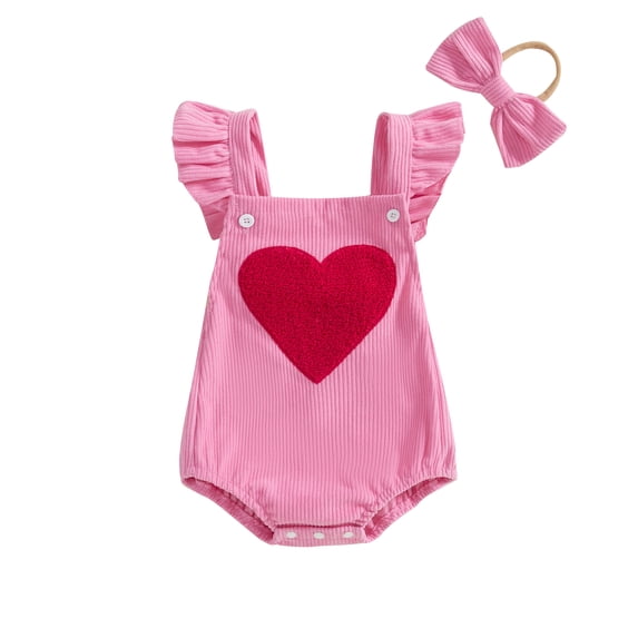 Okbabeha Newborn Baby Girl Valentines Day Outfit Sleeveless Heart Print Corduroy Overall Romper Suspender Jumpsuit