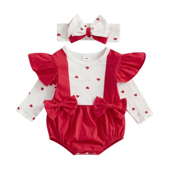 Okbabeha Newborn Baby Girl Valentines Day Romper Ruffles Long Sleeve Heart Print Jumpsuit with Headband