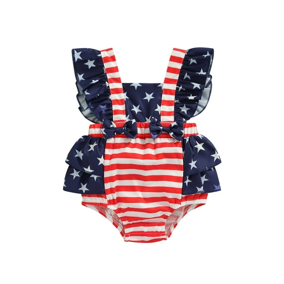 Okbabeha Newborn Baby Girls 4th of July Outfits Fourth of July Bubble Romper Fly Sleeve USA Flag Embroidery Bodysuits Summer Independence Day Clothes