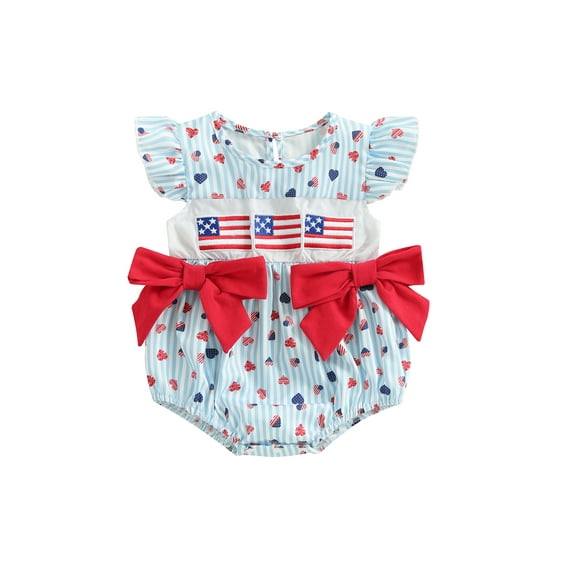 Okbabeha Newborn Baby Girls 4th of July Outfits Fourth of July Bubble Romper Fly Sleeve USA Flag Embroidery Bodysuits Summer Independence Day Clothes