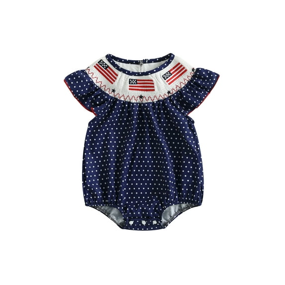 Okbabeha Newborn Baby Girls 4th of July Outfits Fourth of July Bubble Romper Fly Sleeve USA Flag Embroidery Bodysuits Summer Independence Day Clothes