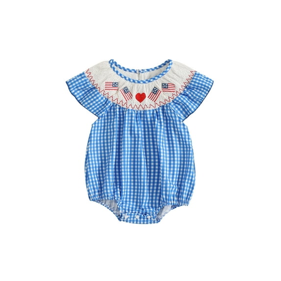 Okbabeha Newborn Baby Girls 4th of July Outfits Fourth of July Bubble Romper Fly Sleeve USA Flag Embroidery Bodysuits Summer Independence Day Clothes
