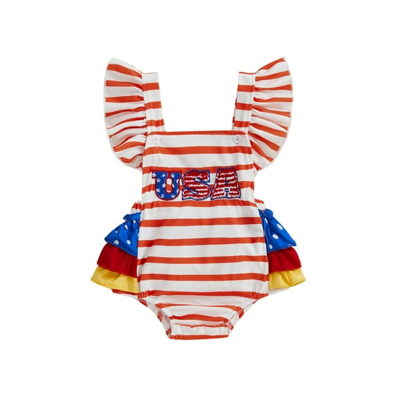 Okbabeha Newborn Baby Girls 4th of July Outfits Fourth of July Bubble Romper Fly Sleeve USA Flag Embroidery Bodysuits Summer Independence Day Clothes