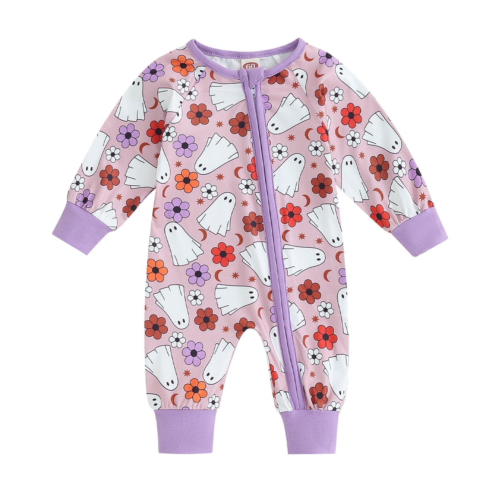 Okbabeha Newborn Baby Girls Ghost Floral Print Zipper Romper Jumpsuit