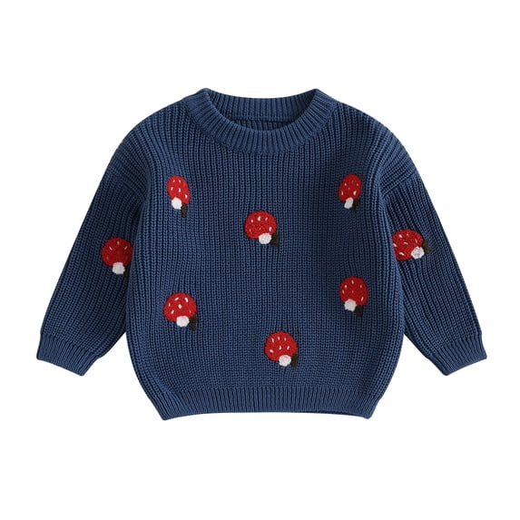 Okbabeha Newborn Girl Boy Sweater Casual Mushroom Embroidery Warm Knitted Long Sleeves Pullover Infant Knitwear Toddler