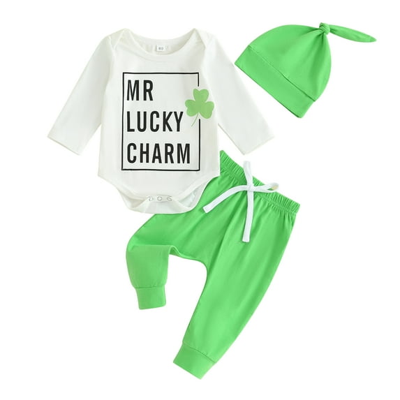 Okbabeha Newborn Infant Baby Boy St Patrick Day Outfit My First St. Patrick's Day Romper Bodysuit Green Shamrock Pants Set with Hat 3Pcs Clothes