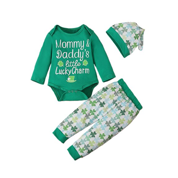 Okbabeha Newborn Infant Baby Boy St Patrick Day Outfit My First St. Patrick's Day Romper Bodysuit Green Shamrock Pants Set with Hat 3Pcs Clothes