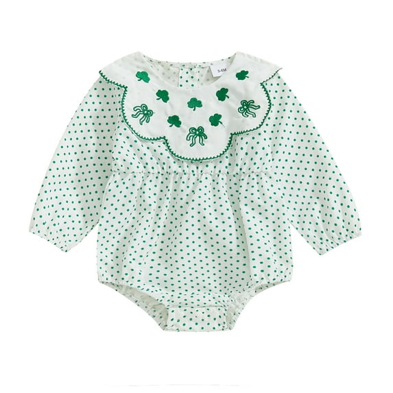 Okbabeha Newborn Infant Baby Girl Bubble Romper Shamrock Embroidery Puff Long Sleeve Smocked Bodysuit
