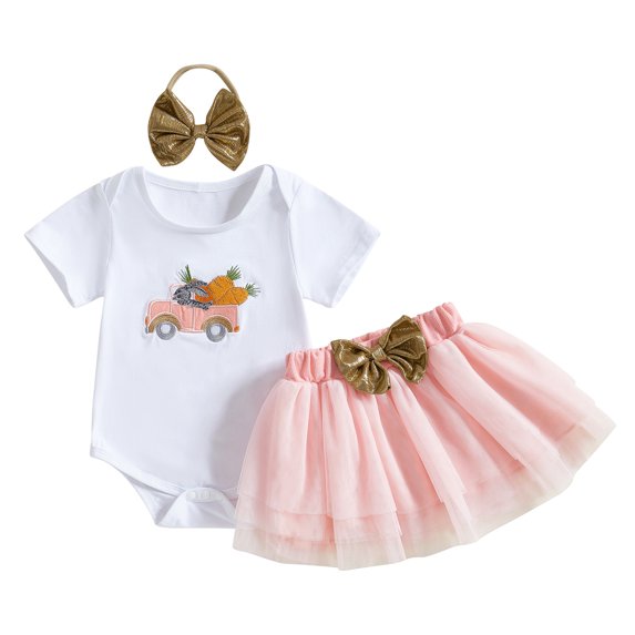 Okbabeha Newborn Infant Baby Girl Easter Outfit Short Sleeve Romper Bodysuit and Tulle Tutu Skirt Headband 0-18M