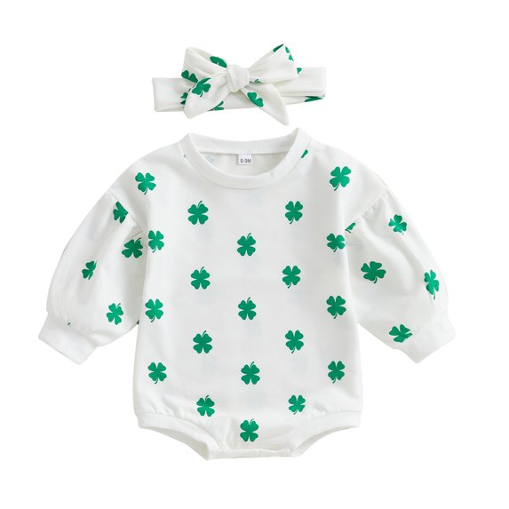 Okbabeha Newborn Infant Baby Girl St. Patrick's Day Long Sleeve Clover Bubble Romper Jumpsuits and Headband