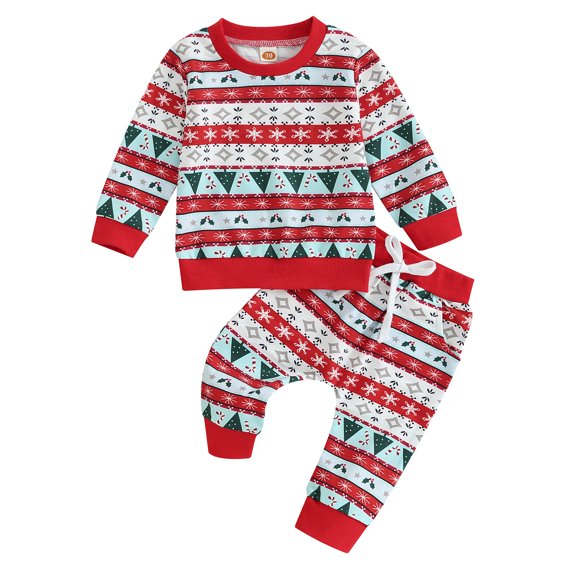 Okbabeha Newborn Pants Set Baby Girls Christmas Cookie Cane Print Sweatshirt and Elastic Waist Pants Toddler Pants Suits
