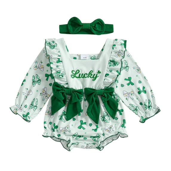 Okbabeha Newborn St. Patrick's Day Baby Girl Boy Shamrock Bow Romper one-piece Spring Clothes With Headband