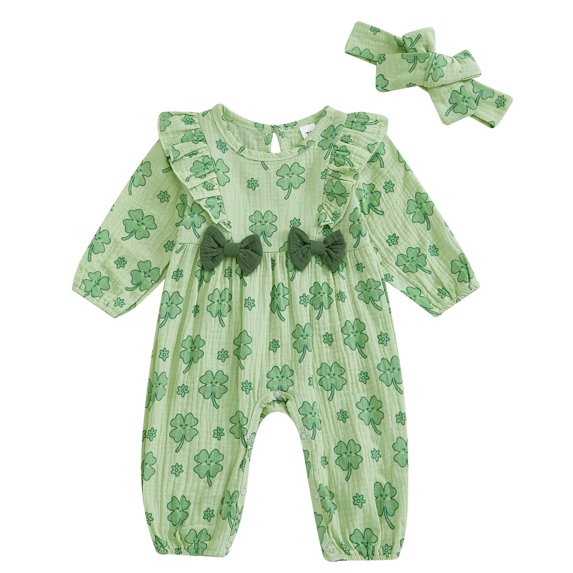 Okbabeha St. Patrick's Day Baby Girl 2Pcs Outfit Shamrock Print Newborn Rompers with Headband