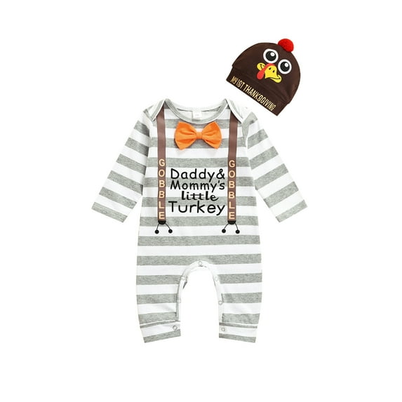 Okbabeha Thanksgiving Day Stripe Letter Print Jumpsuit + Animal Pattern Cap