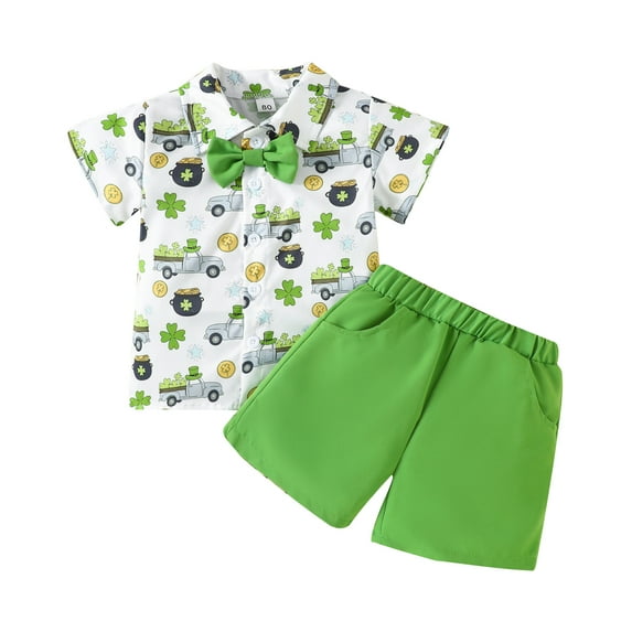 Okbabeha Toddler Baby Boy 2Pcs Irish Outfits Clover Truck Print Short Sleeve Button Down Shirt Top Solid Shorts