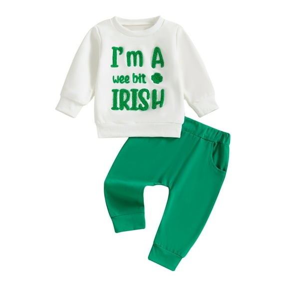 Okbabeha Toddler Baby Boy St. Patrick's Day Outfit Lucky Clover Embroidery Sweatshirt Top Long Pants 2Pcs Clothes Set