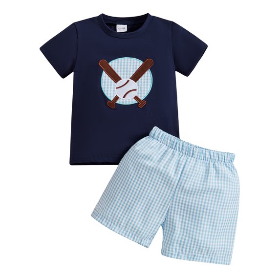 Okbabeha Toddler Baby Boy Summer Baseball Outfit T-shirt Tops and Plaid Shorts 2Pcs Casual Clothes Set