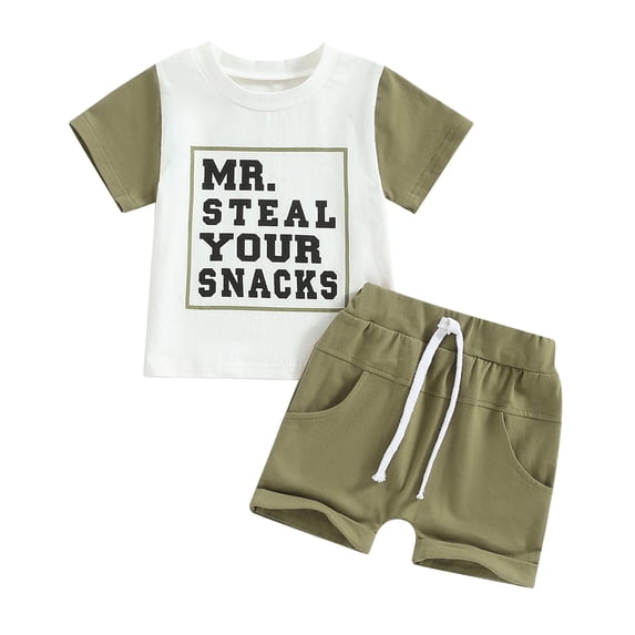 Okbabeha Toddler Baby Boy Summer Clothes Mr. Steal Your Snacks Short Sleeve T-shirt Top Shorts 2Pcs Outfit