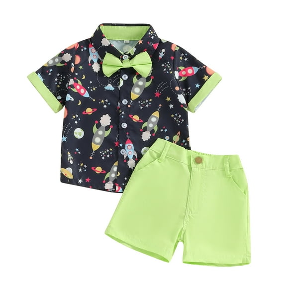 Okbabeha Toddler Baby Boy Summer Clothes Short Sleeve Space Print Bow Tie Button Up Shirt Top Shorts 2Pcs Outfit