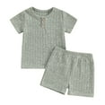 thumbnail image 1 of Okbabeha Toddler Baby Boy Summer Clothes Solid Short Sleeve Ribbed Button T-shirt Top Shorts 2Pcs Casual Outfit, 1 of 7