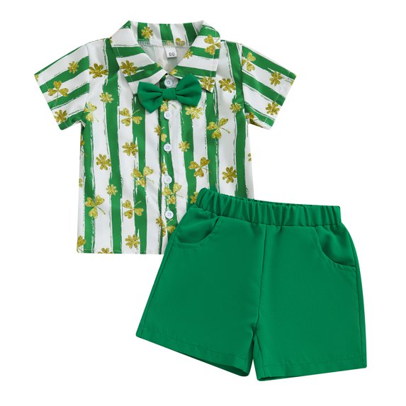 Okbabeha Toddler Baby Boys St. Patrick's Day Set Clover Shirt Short Sleeve Button Down Top Shorts Summer Outfits 6M-5T