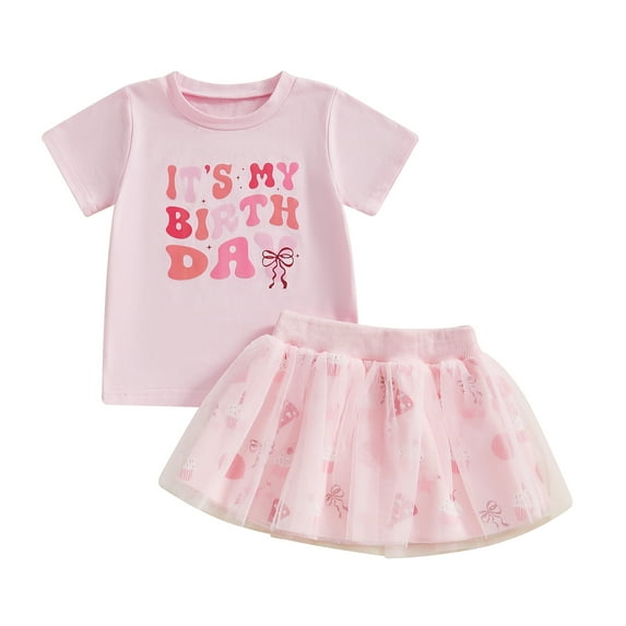 Okbabeha Toddler Baby Girl Birthday Outfits 2Pcs Summer Clothes Letter Short Sleeve T Shirts and Tulle Skirts Sets