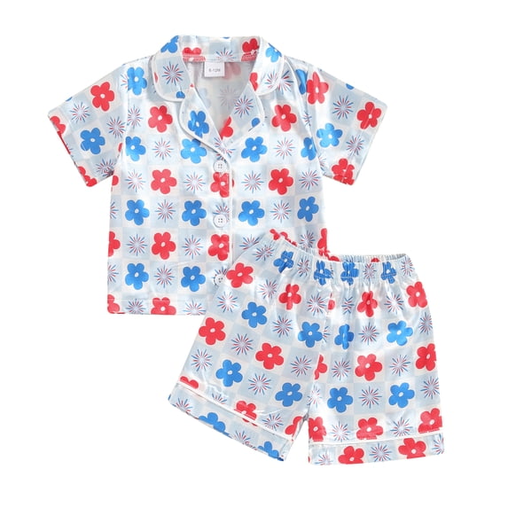 Okbabeha Toddler Baby Girl Boy 4th Of July Pajamas Set,Fourth of july American Flag Short Sleeve Button Tops+Shorts Sleepwear
