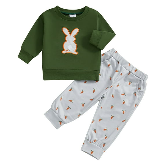 Okbabeha Toddler Baby Girl Boy Easter Outfit Rabbit Patch Long Sleeve Sweatshirt Top Charm Pants Infant Set