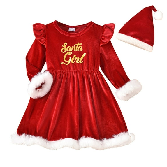 Okbabeha Toddler Baby Girl Christmas Outfit Clothes 12 18 24Month 4 3 4 5 Years Red Velvet Dress with Santa Hat Xmas Dress Winter