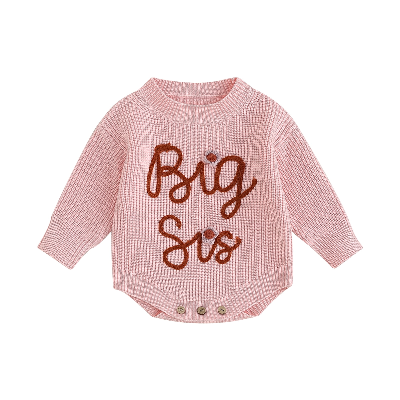 Okbabeha Toddler Baby Girl Chunky Sweater Romper Onesie Knit Big/Lil Sis Embroidered Sweatshirt