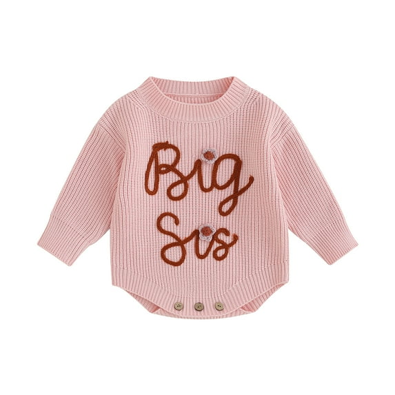 Okbabeha Toddler Baby Girl Chunky Sweater Romper Onesie Knit Big/Lil Sis Embroidered Sweatshirt Sister Matching Outfit