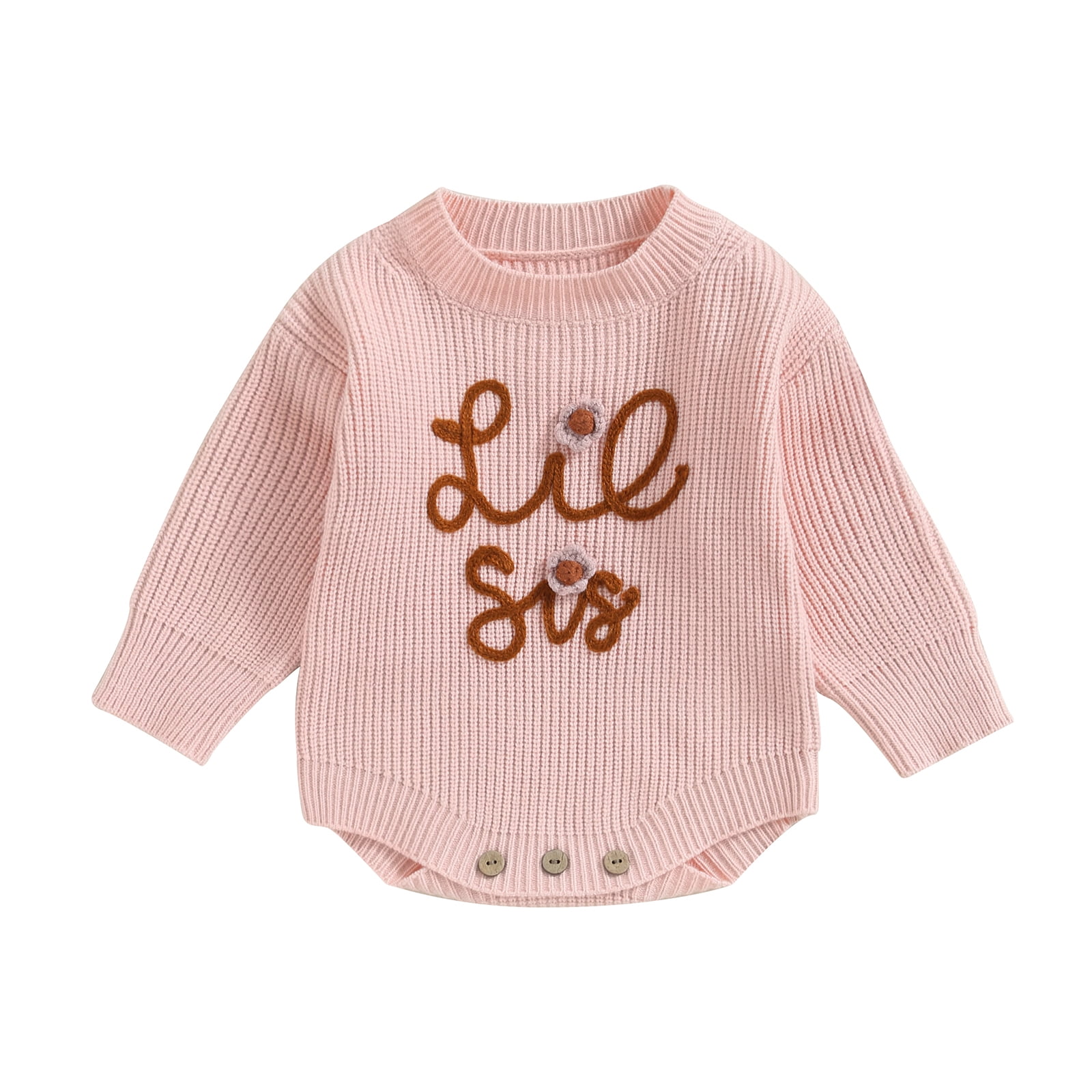 Okbabeha Toddler Baby Girl Chunky Sweater Romper Onesie Knit Big/Lil Sis Embroidered Sweatshirt