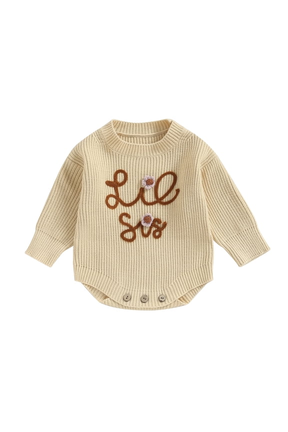 Toddler Baby Girl Chunky Sweater Romper Onesie Knit Big/Lil Sis Embroidered Sweatshirt Sister Matching Outfit