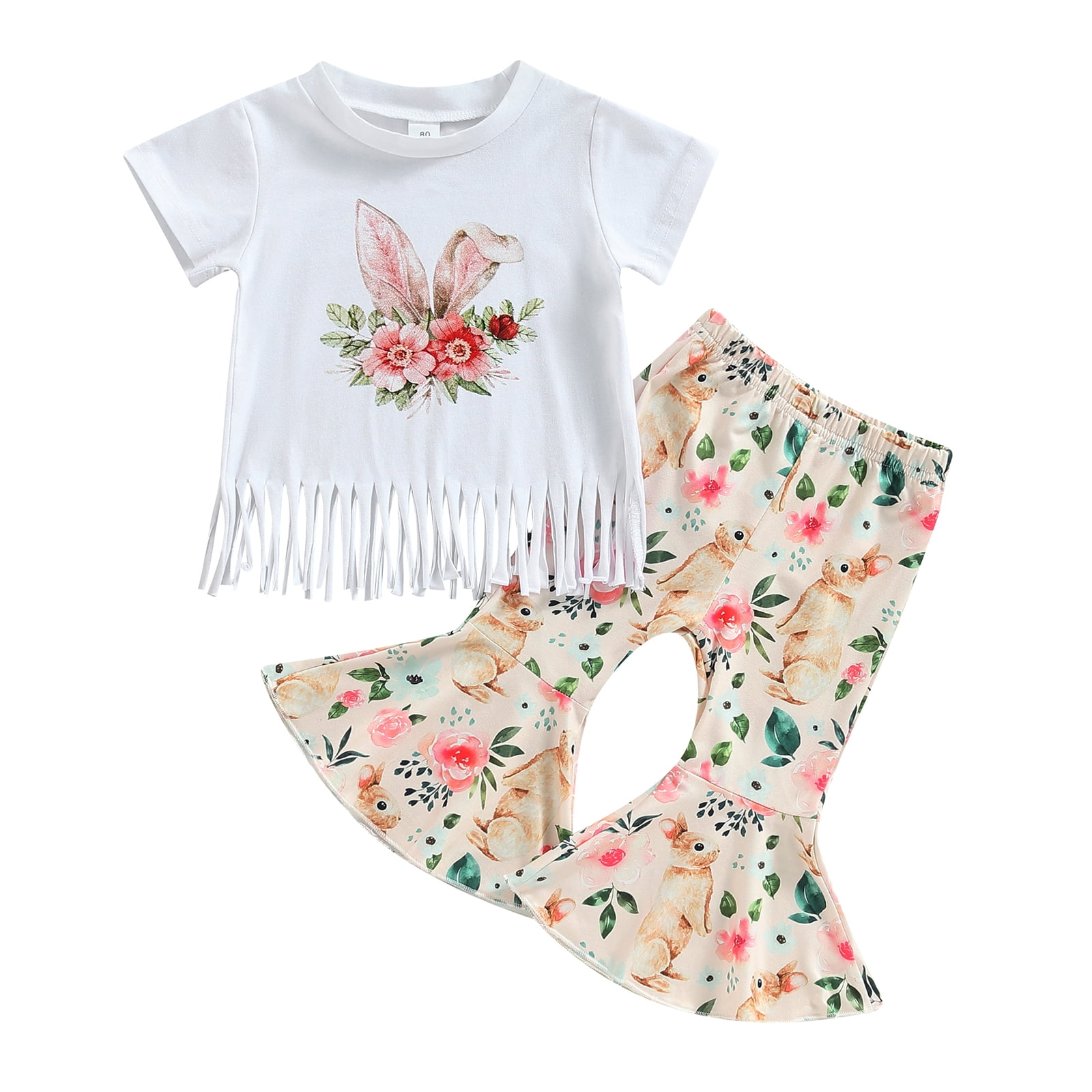 Children's Cute Bunny Graphic Top and Floral Pants Set main image 0