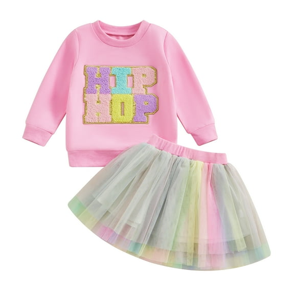 Okbabeha Toddler Baby Girl Easter Outfit Long Sleeve Fuzzy Letter Embroidery Sweatshirt Top Tulle Tutu Skirt 2Pcs Set