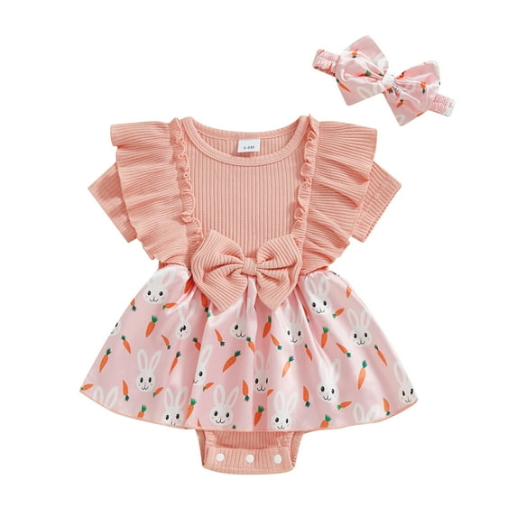 Okbabeha Toddler Baby Girl Easter Outfit Ruffles Sleeve Bunny Printed Romper Dress with Headband