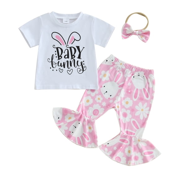Okbabeha Toddler Baby Girl Easter Outfit Short Sleeve Bunny Shirt Top Bell Bottoms Pants Kids Clothes Summer