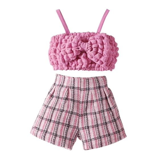Okbabeha Toddler Baby Girl Summer Outfit Sleeveless Shirt Bowknot Bubble Cami Tops+Plaid Shorts Pants 2Pcs Clothes Set