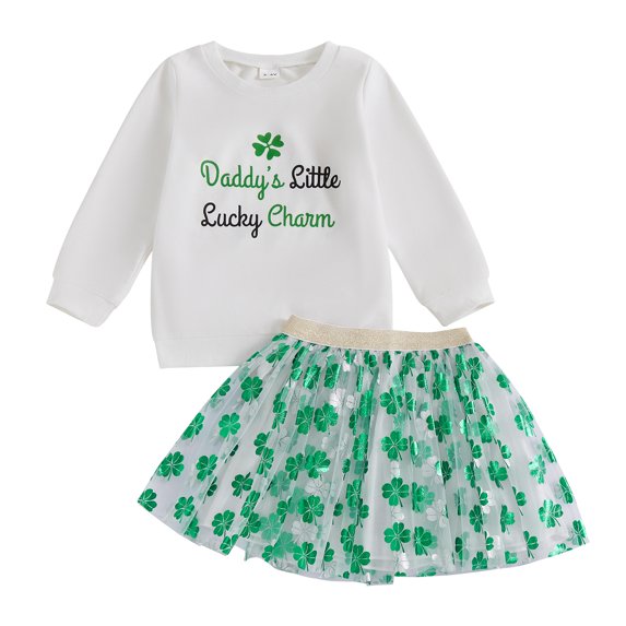 Okbabeha Toddler Baby Girls 2Pcs St. Patrick's Day Outfits Long Sleeve Letter Clover Sweatshirt + Tulle Skirt Set