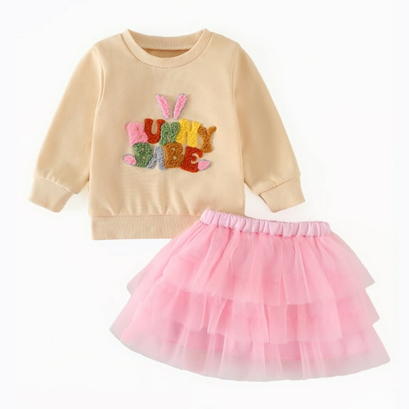 Okbabeha Toddler Baby Girls Birthday Outfits Embroidery Letter Sweatshirt Tops Pink Tutu Skirt Fall Clothes