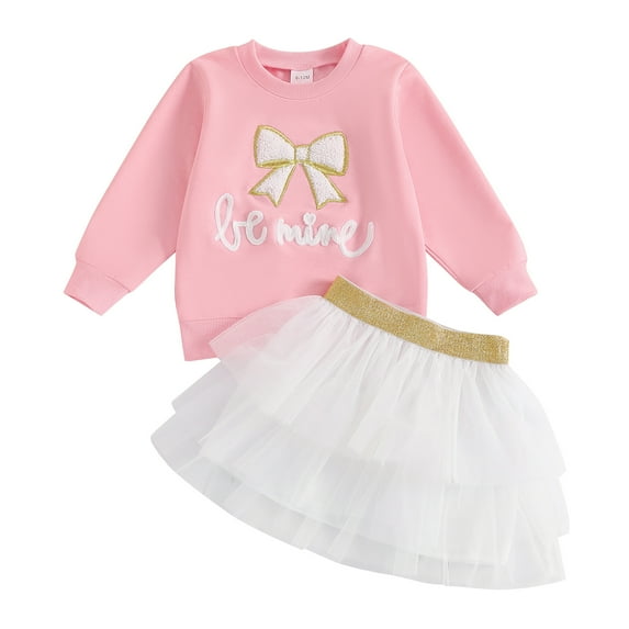 Okbabeha Toddler Baby Girls Valentine's Day Outfits Bow Embroidery Sweatshirt A Line Tutu Skirt 2Pcs Clothes