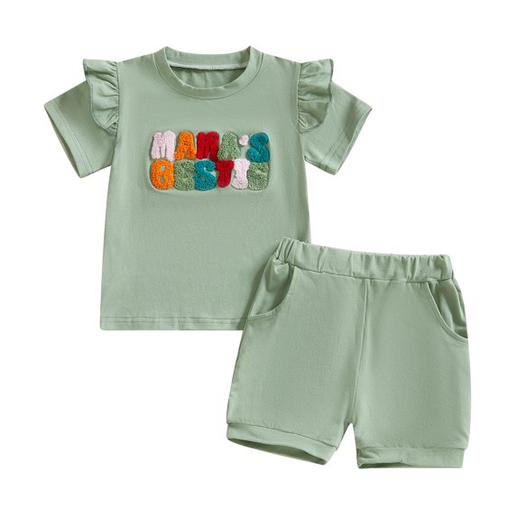 Okbabeha Toddler Baby Summer 2Pcs Outfits Girl Letter Embroidery Ruffles T-Shirt Top and Shorts Set