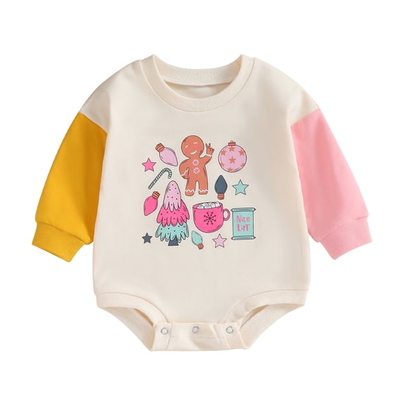 Okbabeha Toddler Baby Sweatshirt Romper Cute Christmas Letter Print Long Sleeve Color Block Bodysuit Sweater Onesie Clothes